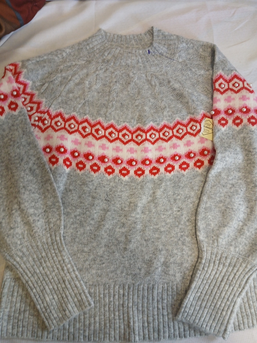 St. John's Bay Gray Sweater with Red and Pink Fair Isle Pattern